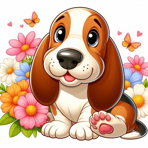 Vector lindo perro basset hound y flores ilustración de dibujos animados vectorial