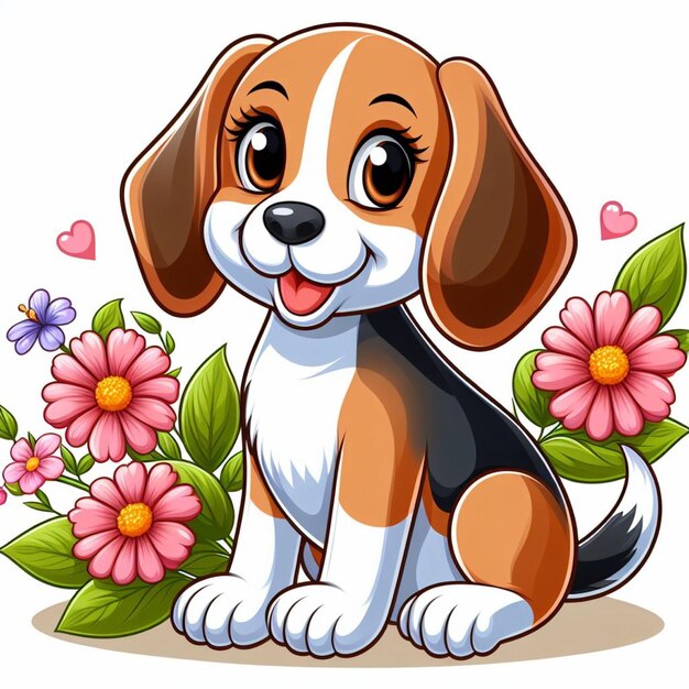 Vector lindo perro beagle y vector de flores ilustración de dibujos animados