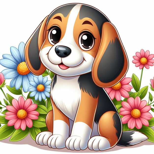 Lindo perro beagle y vector de flores ilustración de dibujos animados