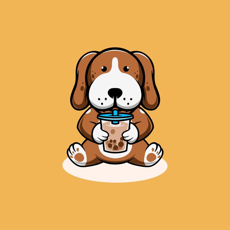 Lindo perro bebiendo té de burbujas ilustración de dibujos animados