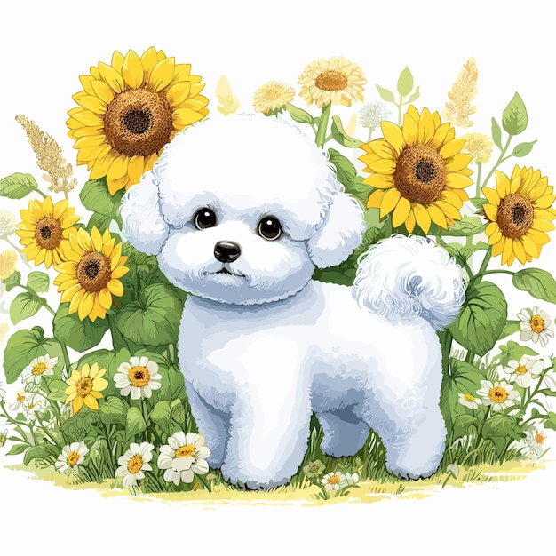 Lindo perro Bichon Frise y dibujos animados de girasoles con fondo blanco de estilo vectorial