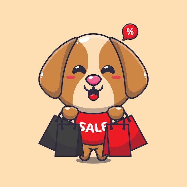 Lindo perro con bolsa de compras en la ilustración de vector de dibujos animados de venta de viernes negro