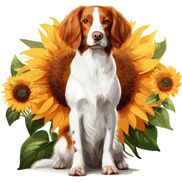 Lindo perro Brittany Spaniel y flores de dibujos animados de estilo vectorial de fondo blanco