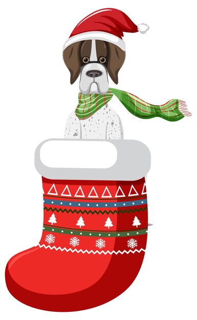 Lindo perro en calcetín de Navidad en estilo de dibujos animados
