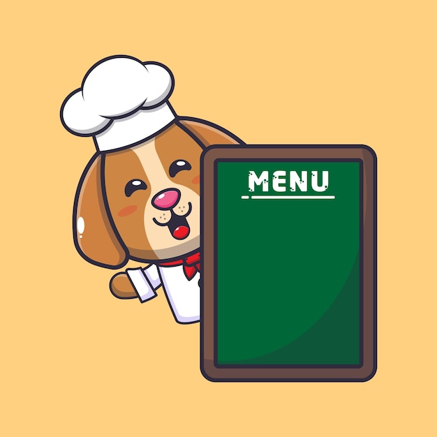 Lindo perro chef mascota personaje de dibujos animados con tablero de menú