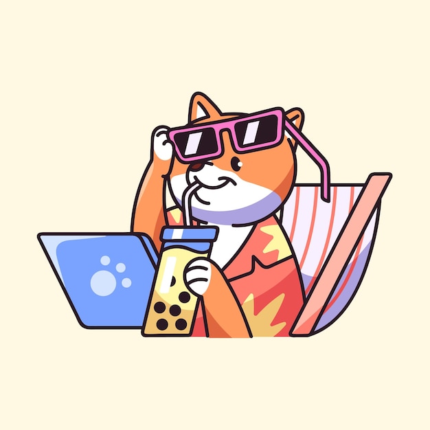 Lindo perro en el concepto de trabajo remoto en línea Fluffy shiba relajarse en gafas de sol con una computadora portátil en una tumbona cachorro divertido en un cachorro kawaii independiente en la playa descanso de verano ilustración vectorial plana aislada