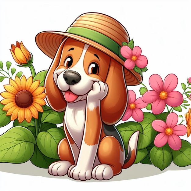 Vector lindo perro coonhound y flores ilustración de dibujos animados vectorial