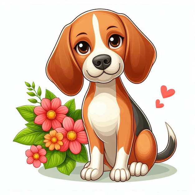 Vector lindo perro coonhound y flores ilustración de dibujos animados vectorial