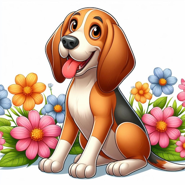 Lindo perro coonhound y flores ilustración de dibujos animados vectorial