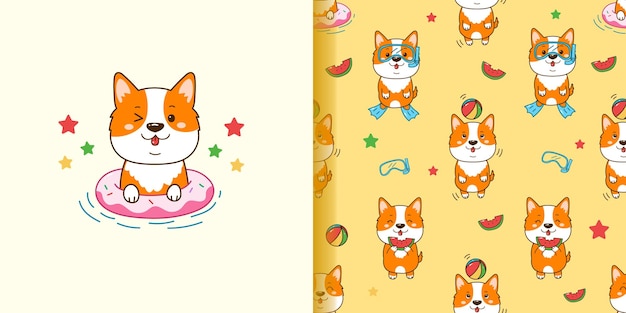 lindo perro corgi dibujos animados de patrones sin fisuras para el horario de verano