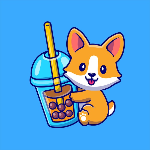 Lindo perro corgi con ilustración de icono de vector de dibujos animados de té de leche de boba. concepto de icono de bebida animal aislado vector premium. estilo de dibujos animados plana