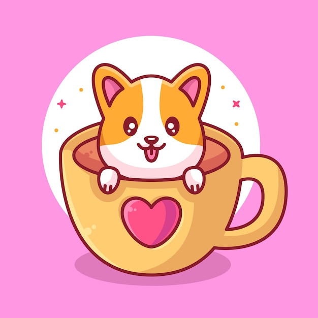 Lindo perro corgi en una taza de café con corazón ilustración de icono de vector de logotipo de animal de compañía en estilo plano