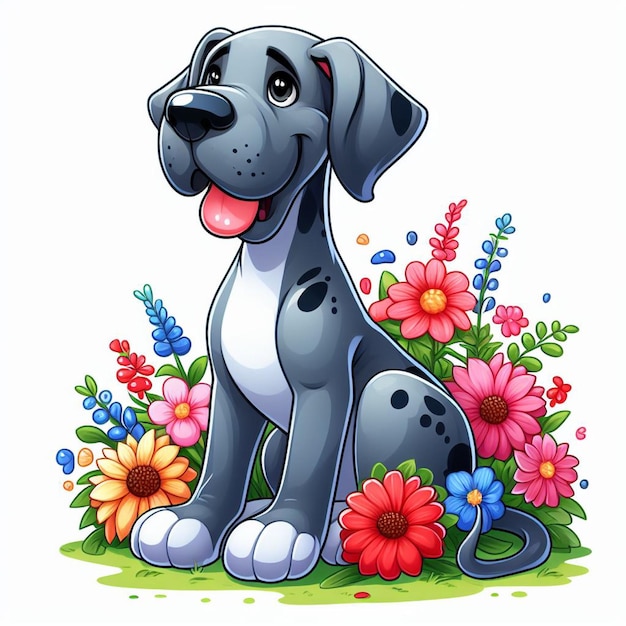 Vector el lindo perro danés amplificador flower vector ilustración de dibujos animados