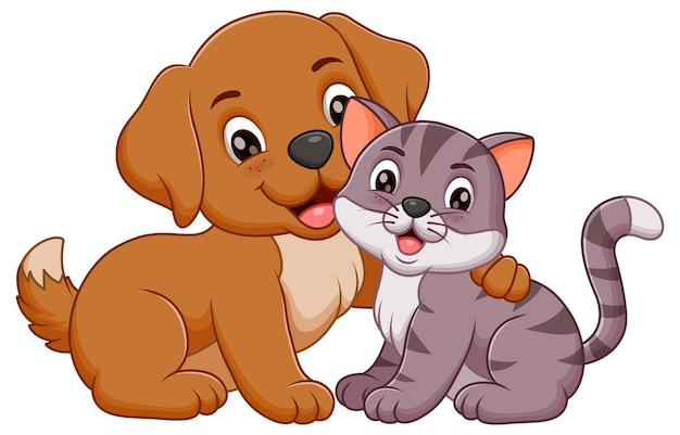 Un lindo perro de dibujos animados abrazando a un gato, un animal, un icono de la naturaleza, un concepto aislado, un vector premium.