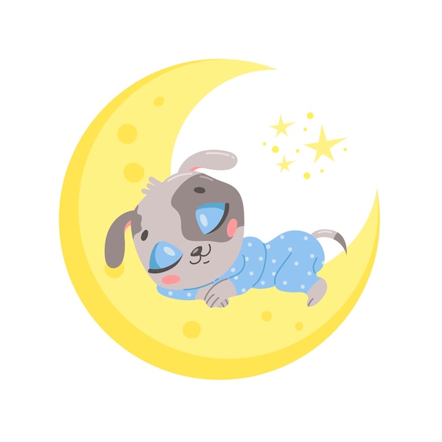 lindo perro de dibujos animados durmiendo en la luna.