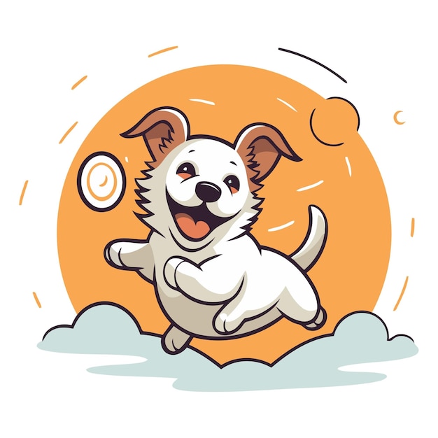Vector un lindo perro de dibujos animados saltando sobre las nubes en un estilo plano