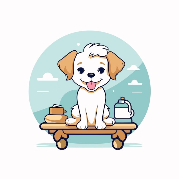 Vector un lindo perro de dibujos animados sentado en una ilustración vectorial de plataforma de madera