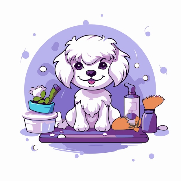 Un lindo perro de dibujos animados sentado en la mesa de aseo ilustración vectorial