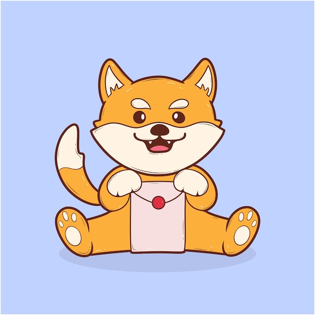 Vector el lindo perro de dibujos animados shiba inu sentado con un sobre rojo