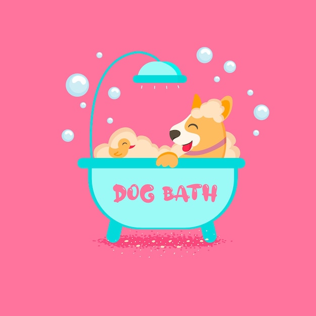 Lindo perro duchándose en el baño con pato, Spa para perro