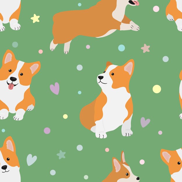 Lindo perro en estilo de dibujos animados Patrón sin costuras con corgi galés Ilustración vectorial para imprimir papel de regalo tarjetas de felicitación decoración carteles tela
