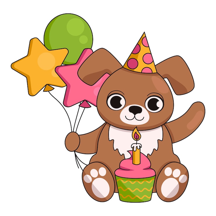 Vector lindo perro con una gorra festiva con un pastelito, una vela encendida y globos feliz cumpleaños