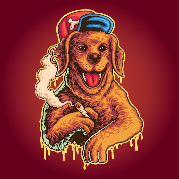 Lindo perro hip hop fumar hierba logo ilustración