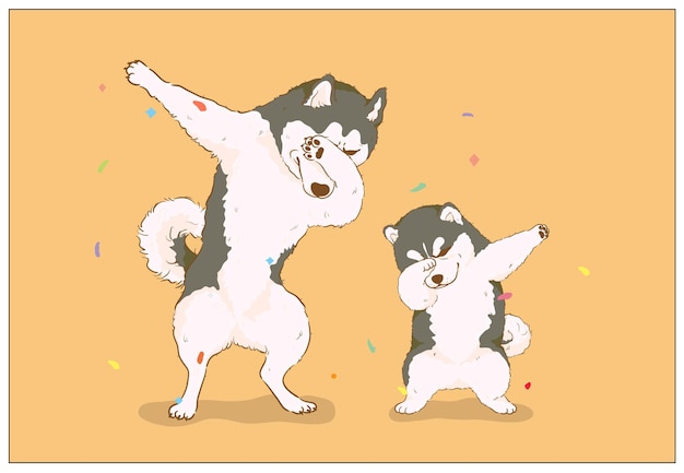 Lindo perro husky doblaje de baile dibujo animado vectorial póster postal y diseño de portada