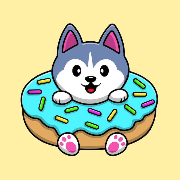 lindo, perro husky, en, donut, caricatura, vector, icono, ilustración