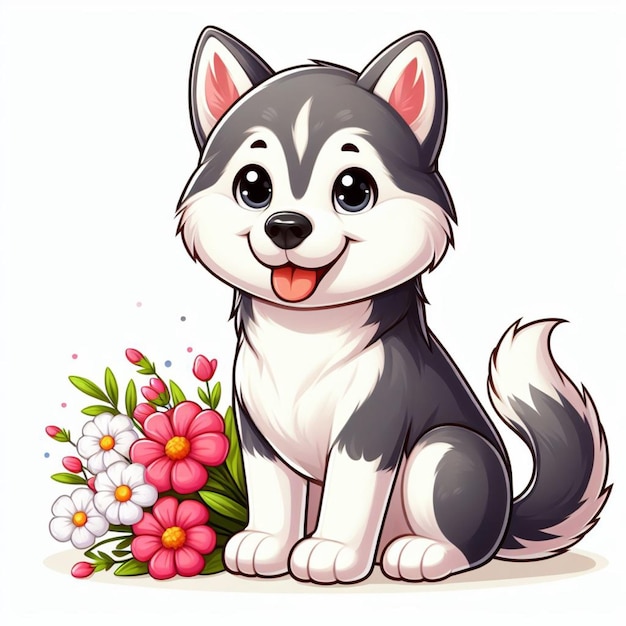 Vector lindo perro husky siberiano y flores ilustración de dibujos animados vectorial