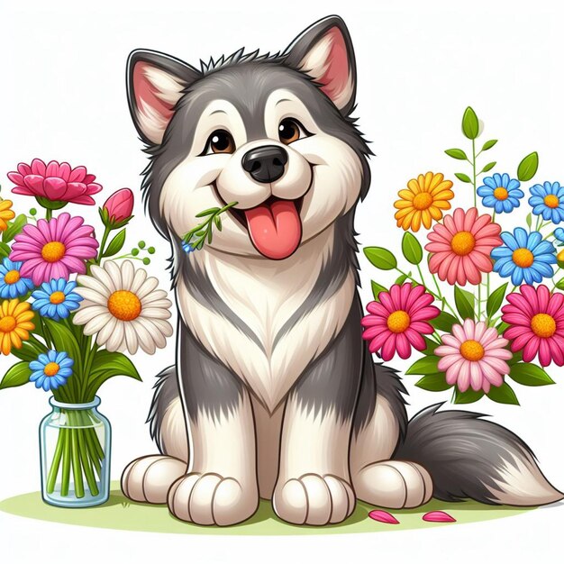 Vector lindo perro husky siberiano y flores ilustración de dibujos animados vectorial