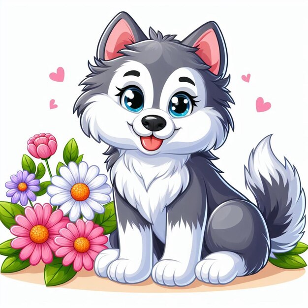 Lindo perro husky siberiano y flores Ilustración de dibujos animados vectorial