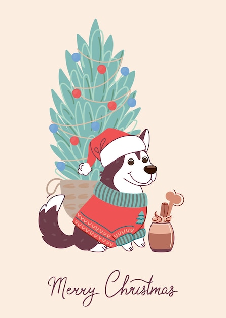 Lindo perro husky en tarjeta de Navidad