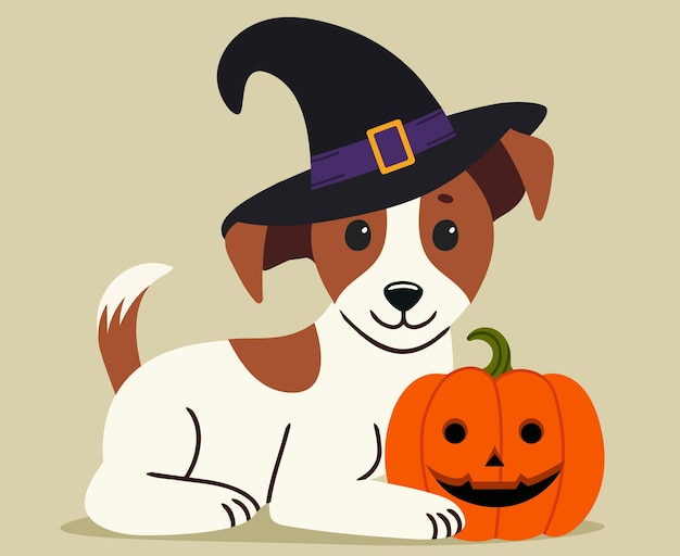 El lindo perro Jack Russell con un sombrero de bruja y con una ilustración plana de Halloween de calabaza