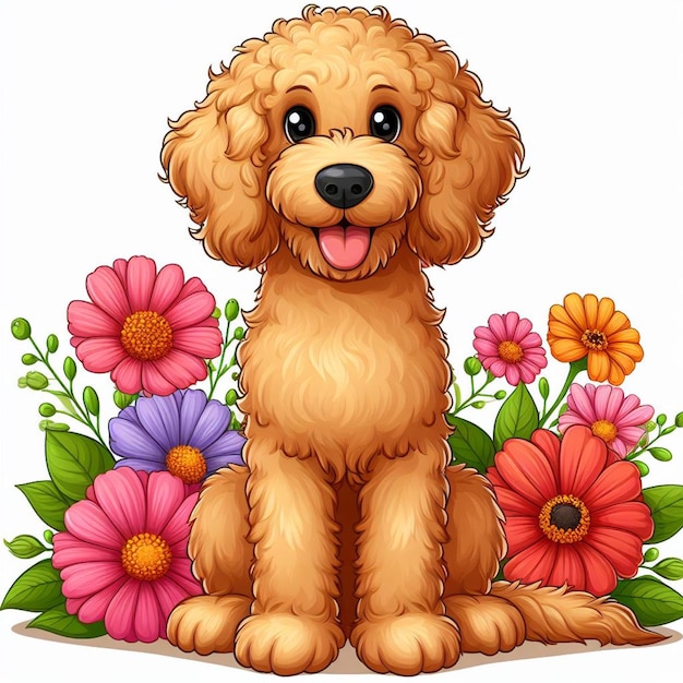 Vector el lindo perro labradoodle y las flores ilustración de dibujos animados vectoriales