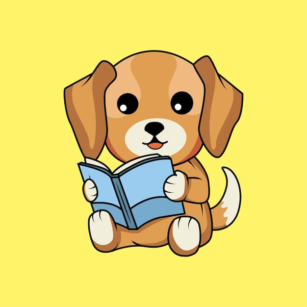 Lindo, perro, lectura, libro, caricatura, pegatina, vector, ilustración