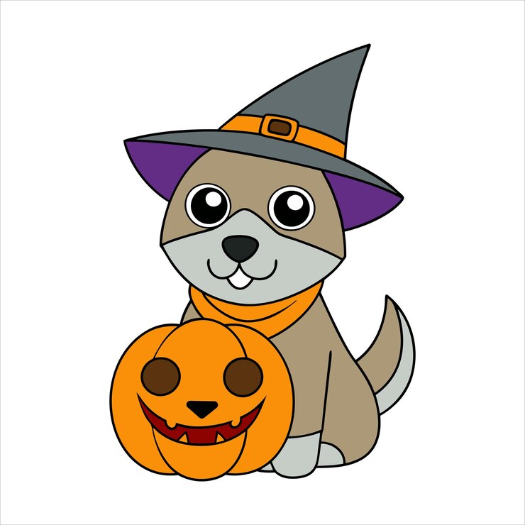 Lindo perro mago con calabaza Ilustración vectorial de Halloween