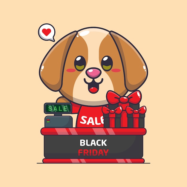 lindo perro con mesa de cajero en la ilustración de vector de dibujos animados de venta de viernes negro