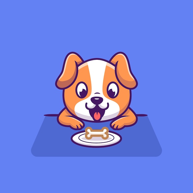 Vector lindo, perro, mirar, hueso, en, placa, caricatura