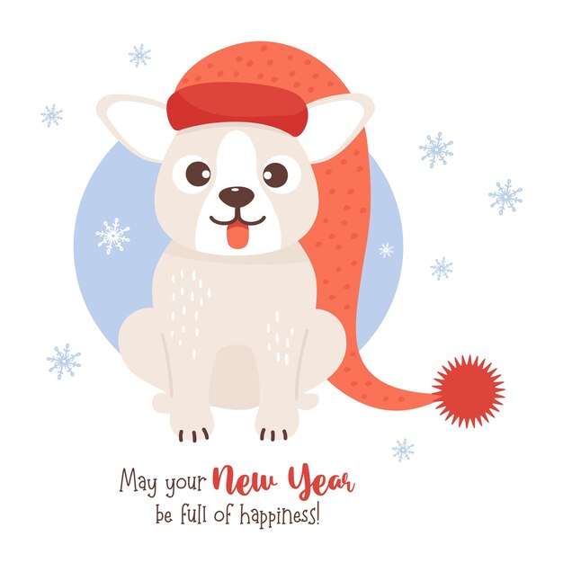 Lindo perro de Navidad con gorro de Papá Noel con la lengua colgando Divertida mascota de regalo de Año Nuevo