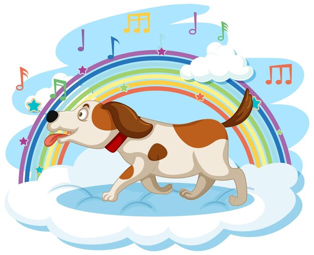 Lindo perro en la nube con arco iris