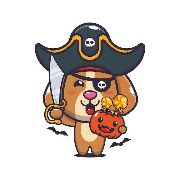 Lindo perro pirata en el día de halloween. Linda ilustración de dibujos animados de halloween.