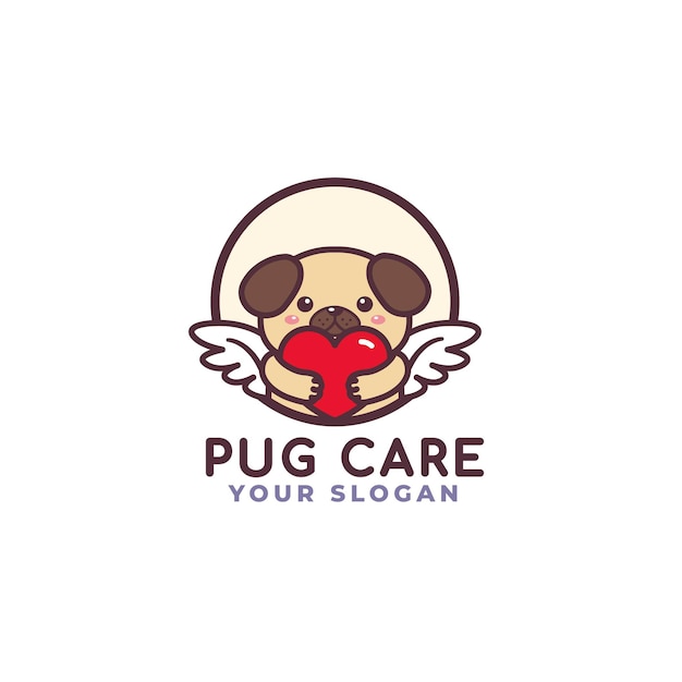 Lindo perro pug abrazando el logotipo del cuidado del corazón