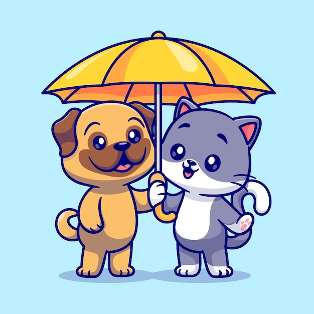 Lindo perro pug y gato de pie bajo paraguas dibujos animados vector icono ilustración animal naturaleza icono