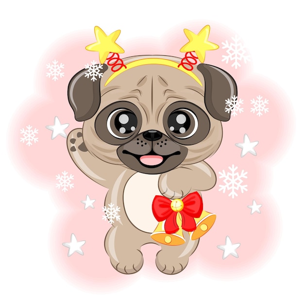 Vector lindo perro pug con una ilustración de vector de navidad de campana