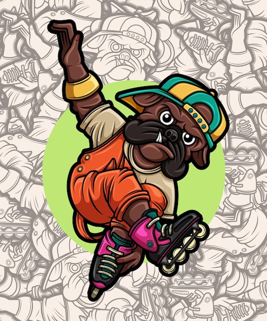 Vector lindo perro pug jugando patines ilustración