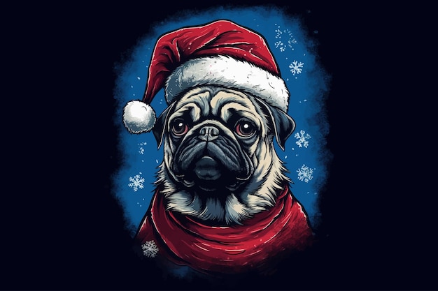 Lindo perro pug en traje de santa claus en estilo de ilustración gráfica Ilustración vectorial