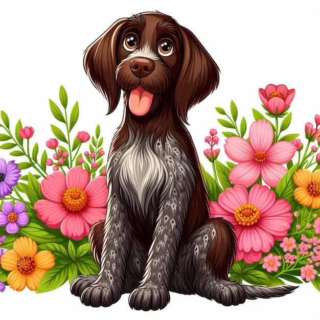 El lindo perro puntero alemán de pelo de alambre de dibujos animados de estilo vectorial de fondo blanco