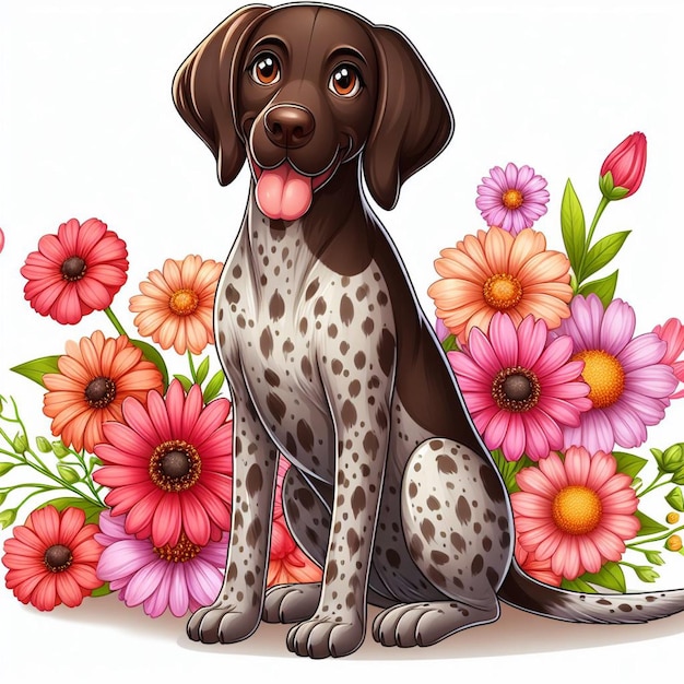 Vector lindo perro puntero alemán de pelo corto amp flower vector ilustración de dibujos animados