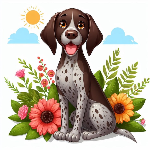 Vector lindo perro puntero alemán de pelo corto amp flower vector ilustración de dibujos animados